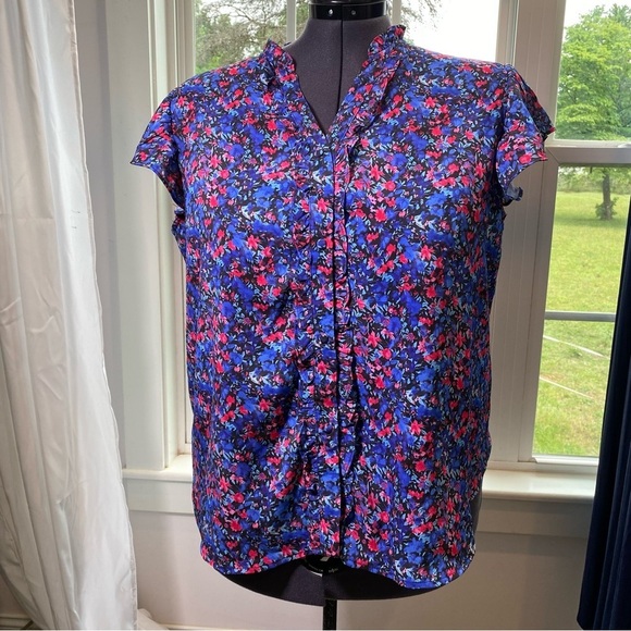 JASAMBAC Women plus size 2X Floral ruffle flutter sleeve button up Blue Blouse - Picture 3 of 8